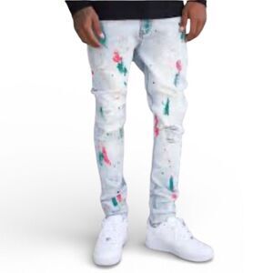 CPTL Denim Men's Light Blue Pink Teal Splattered Distressed Skinny Jeans Sz 42
